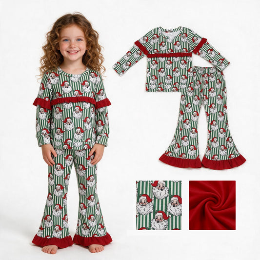 GLP3452 Santa Green Stripes Ruffle Top Bell Pants Girls Christmas Clothes Set