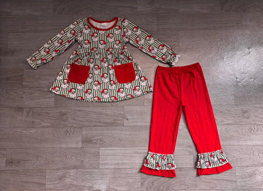 6.30 Preorder GLP3454 Santa Green Stripes Tunic Top Red Ruffle Pants Girls Christmas Clothes Set