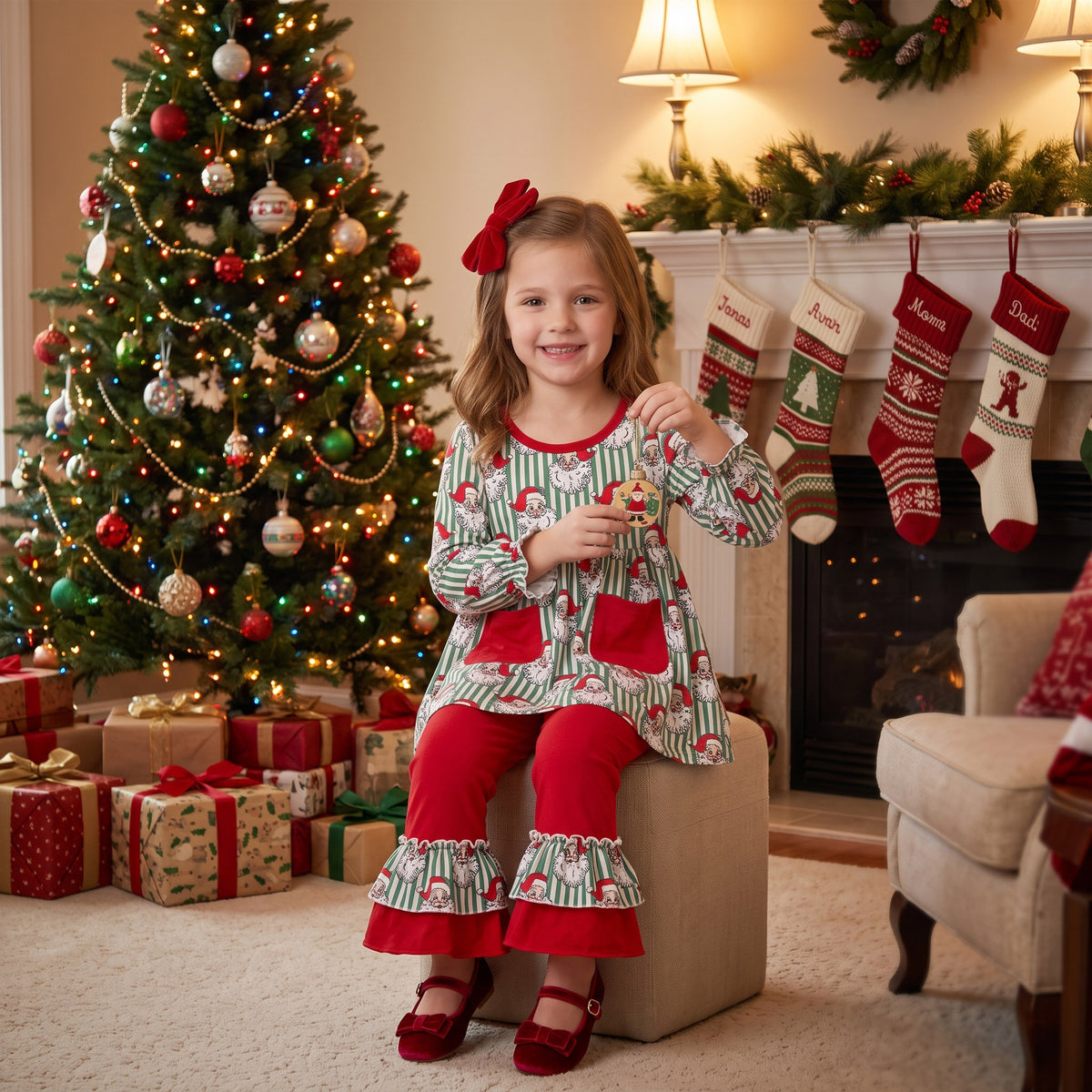 GLP3454 Santa Green Stripes Tunic Top Red Ruffle Pants Girls Christmas Clothes Set