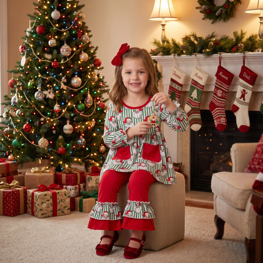 GLP3454 Santa Green Stripes Tunic Top Red Ruffle Pants Girls Christmas Clothes Set