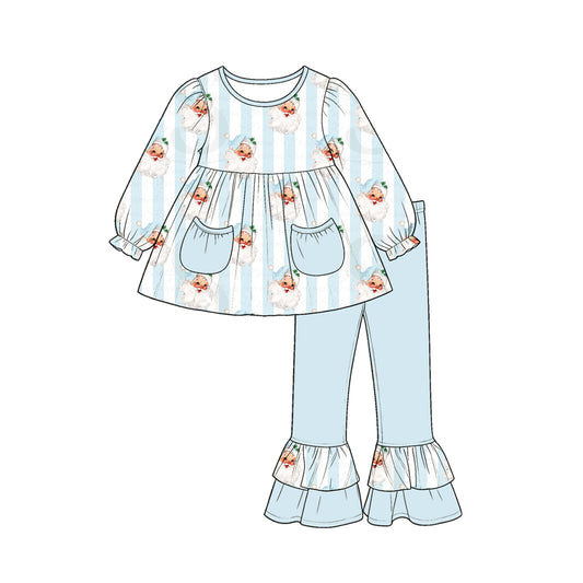 6.30 Preorder GLP3455 Santa Blue Stripes Tunic Top Ruffle Pants Girls Christmas Clothes Set