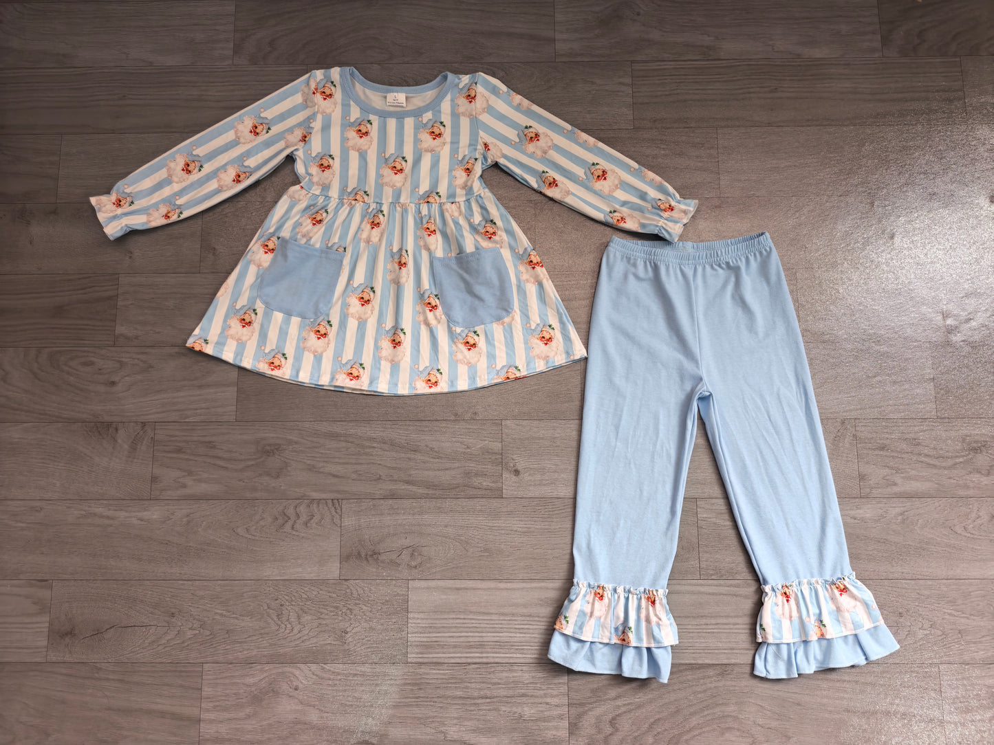 6.30 Preorder GLP3455 Santa Blue Stripes Tunic Top Ruffle Pants Girls Christmas Clothes Set