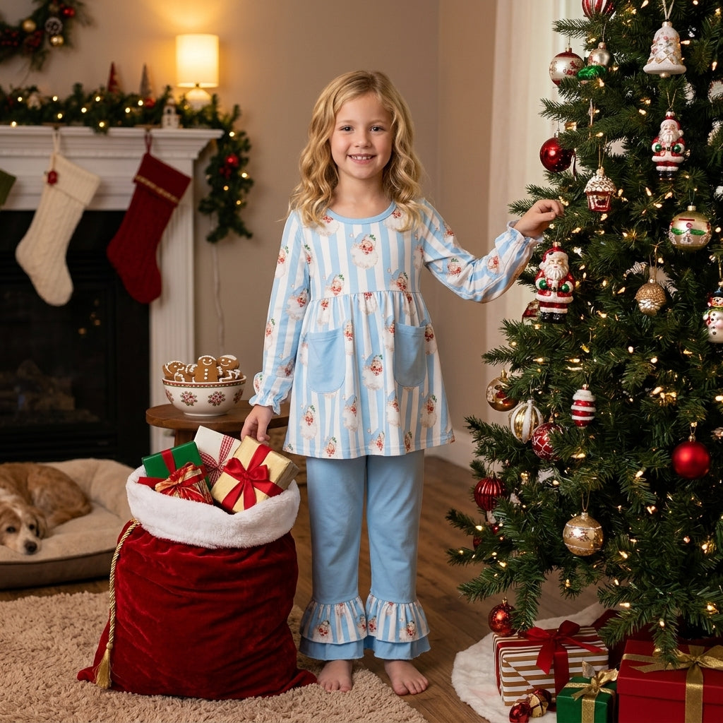 GLP3455 Santa Blue Stripes Tunic Top Ruffle Pants Girls Christmas Clothes Set