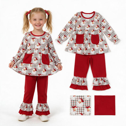 GLP3457 Santa Checkered Pockets Tunic Top Red Ruffle Pants Girls Christmas Clothes Set