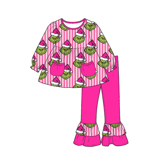 6.30 Preorder GLP3458 Green Frog Hot Pink Stripes Tunic Top Ruffle Pants Girls Christmas Clothes Set