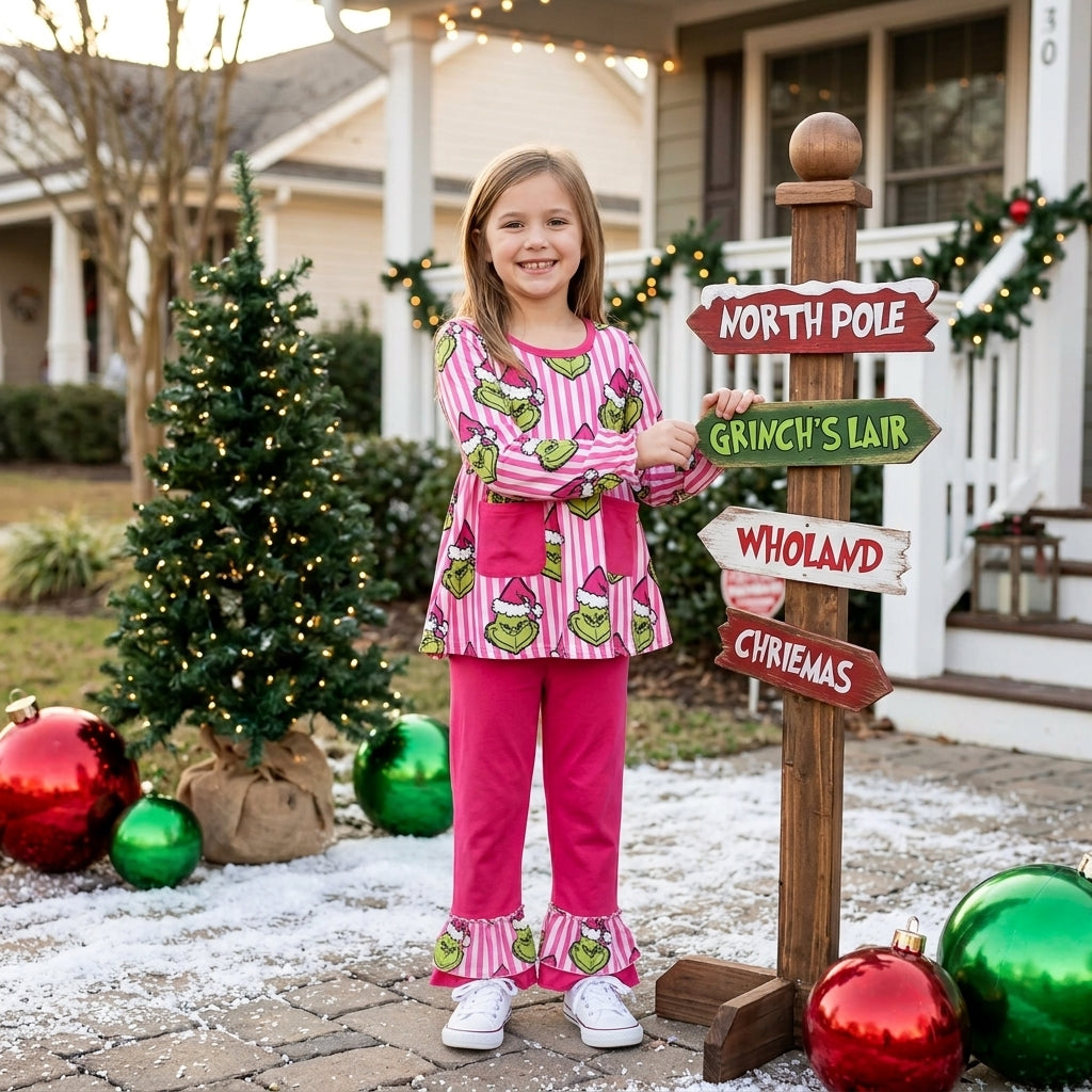 Green Frog Hot Pink Stripes Tunic Top Ruffle Pants Girls Christmas Clothes Set
