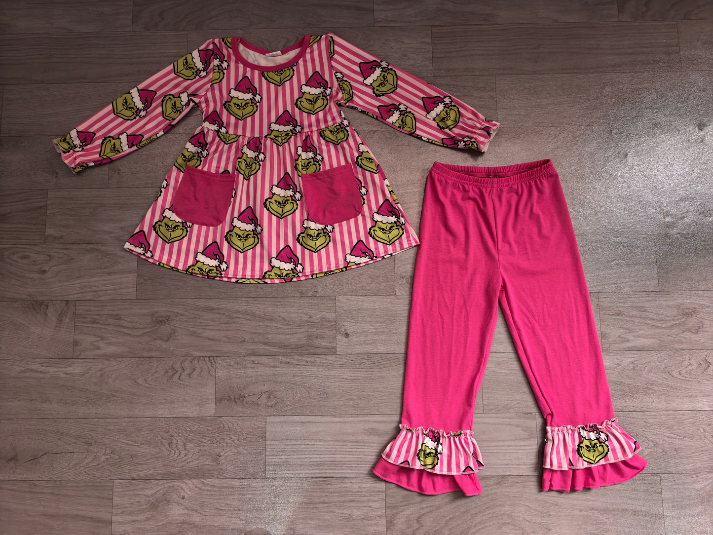 6.30 Preorder GLP3458 Green Frog Hot Pink Stripes Tunic Top Ruffle Pants Girls Christmas Clothes Set