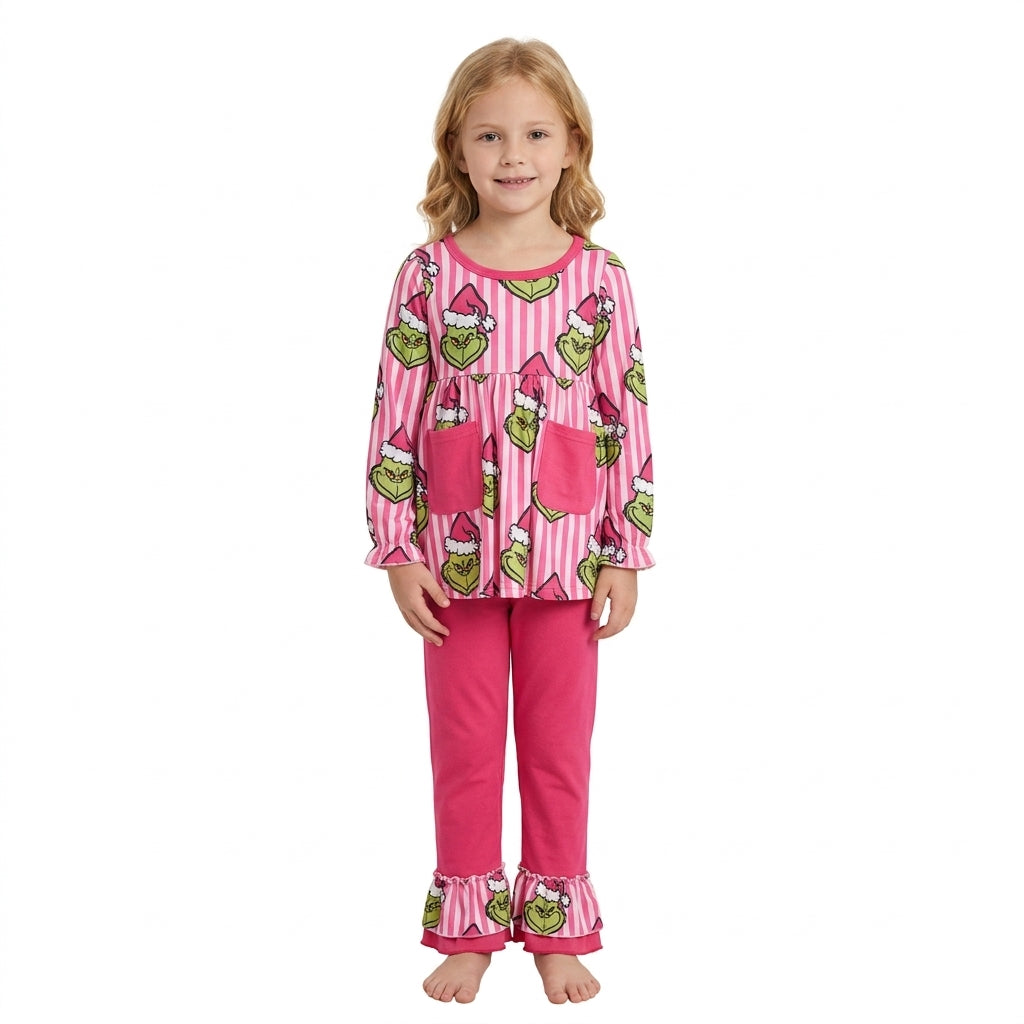Green Frog Hot Pink Stripes Tunic Top Ruffle Pants Girls Christmas Clothes Set