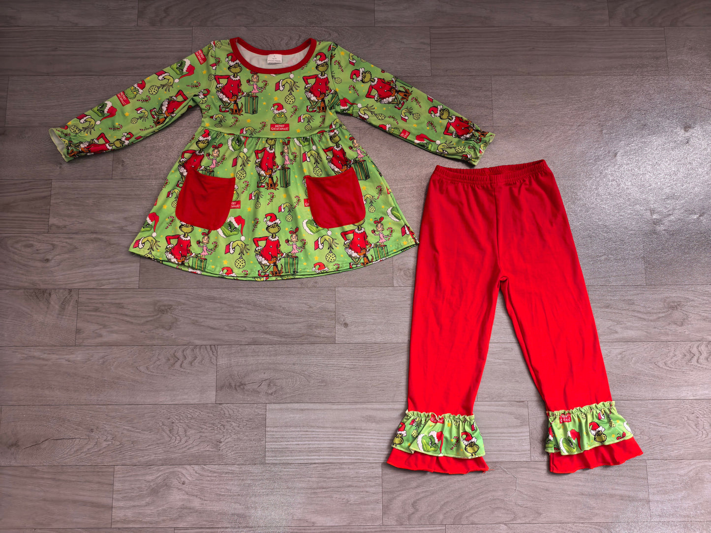 6.30 Preorder GLP3459 Green Frog Pockets Tunic Top Ruffle Pants Girls Christmas Clothes Set