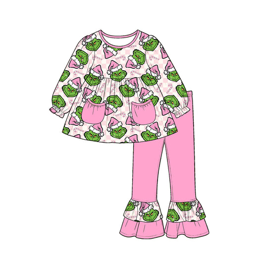 6.30 Preorder GLP3460 Green Frog Pink Plaid Tunic Top Ruffle Pants Girls Christmas Clothes Set