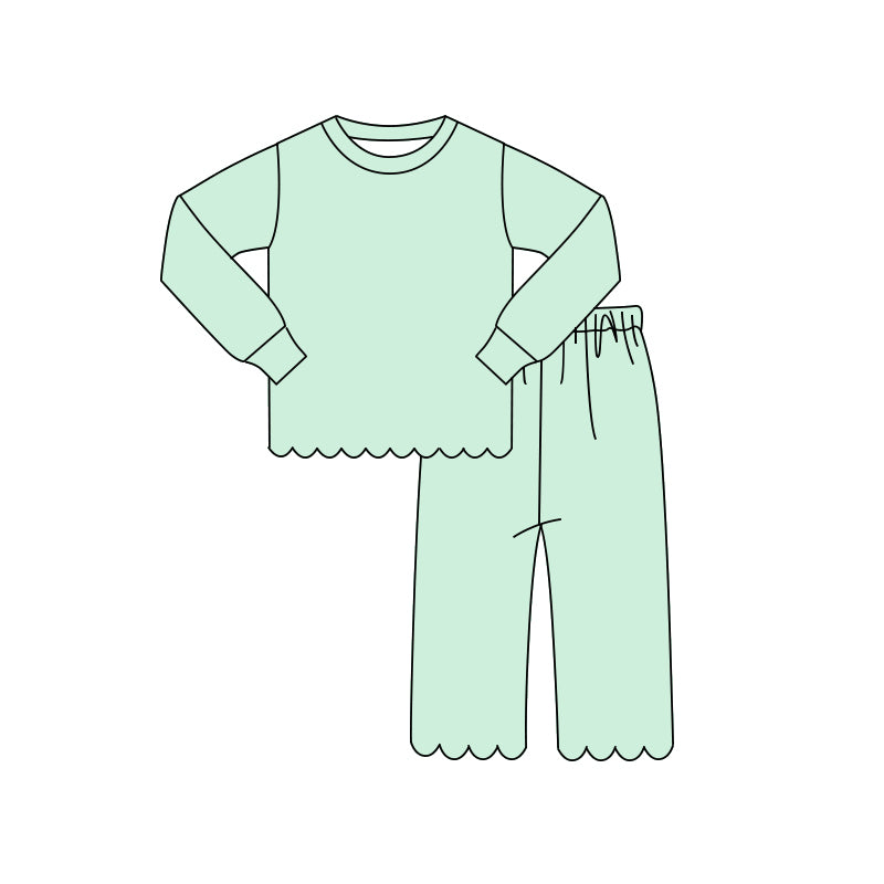 7.2 Preorder Girls Mint Solid Scallop Trim Long Sleeve Pajama 2 Piece Set