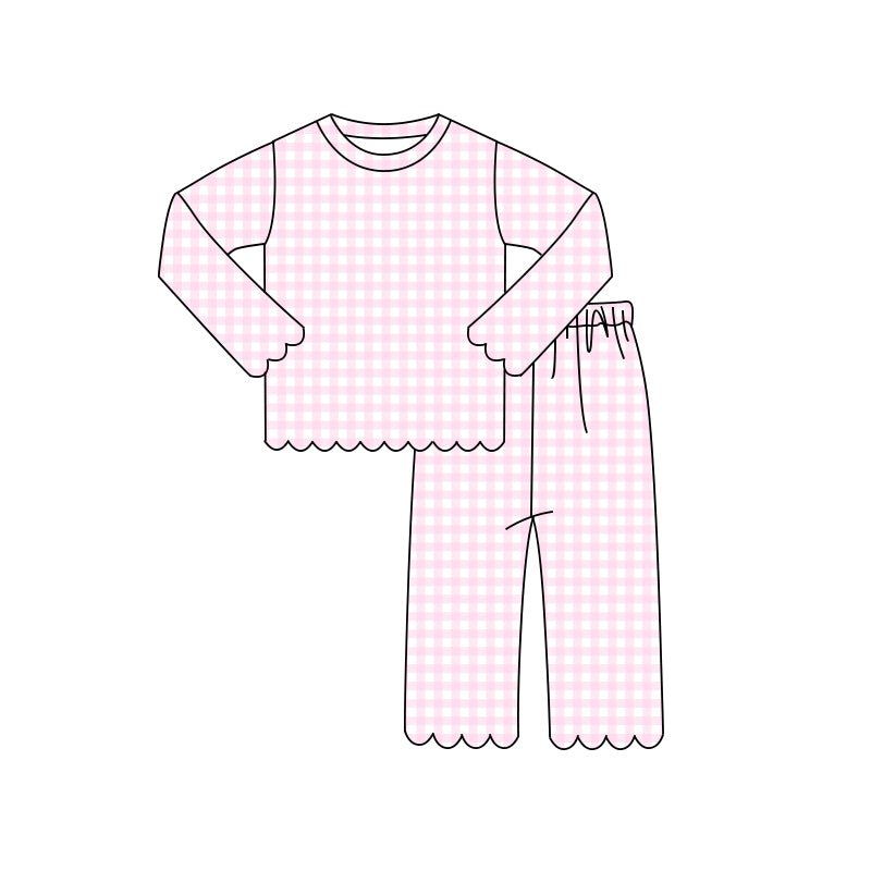 7.2 Preorder Girls Pink Gingham Scallop Trim Long Sleeve Pajama 2 Piece Set