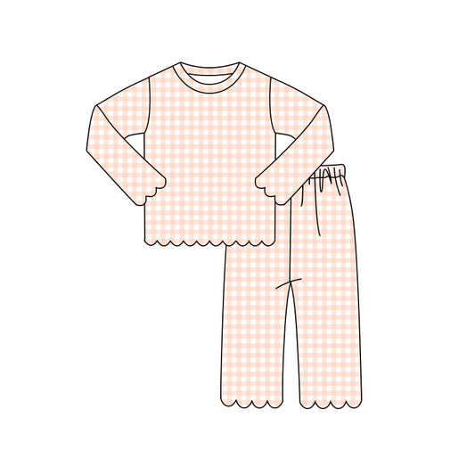 7.2 Preorder irls Peach Gingham Scallop Trim Toddler PJs 2 Piece Outfit