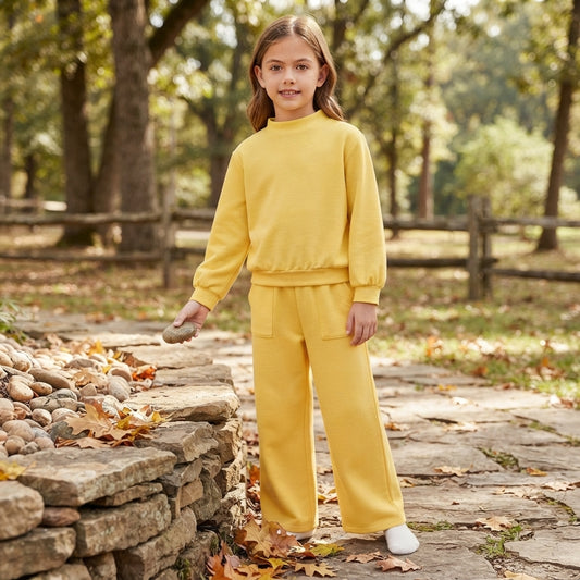 GLP3473 Yellow Color Mock Neck Long Sleeve Top Pocket Pants Girls Cotton Clothes Set