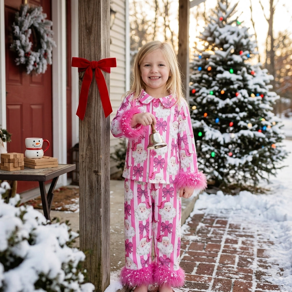 GLP3478 Santa Bows Stripes Print Girls Christmas Fur Button Pajamas Clothes Set