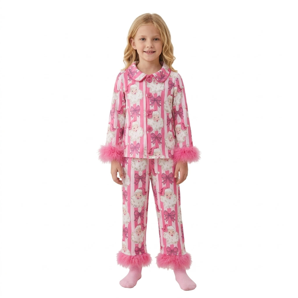 GLP3478 Santa Bows Stripes Print Girls Christmas Fur Button Pajamas Clothes Set
