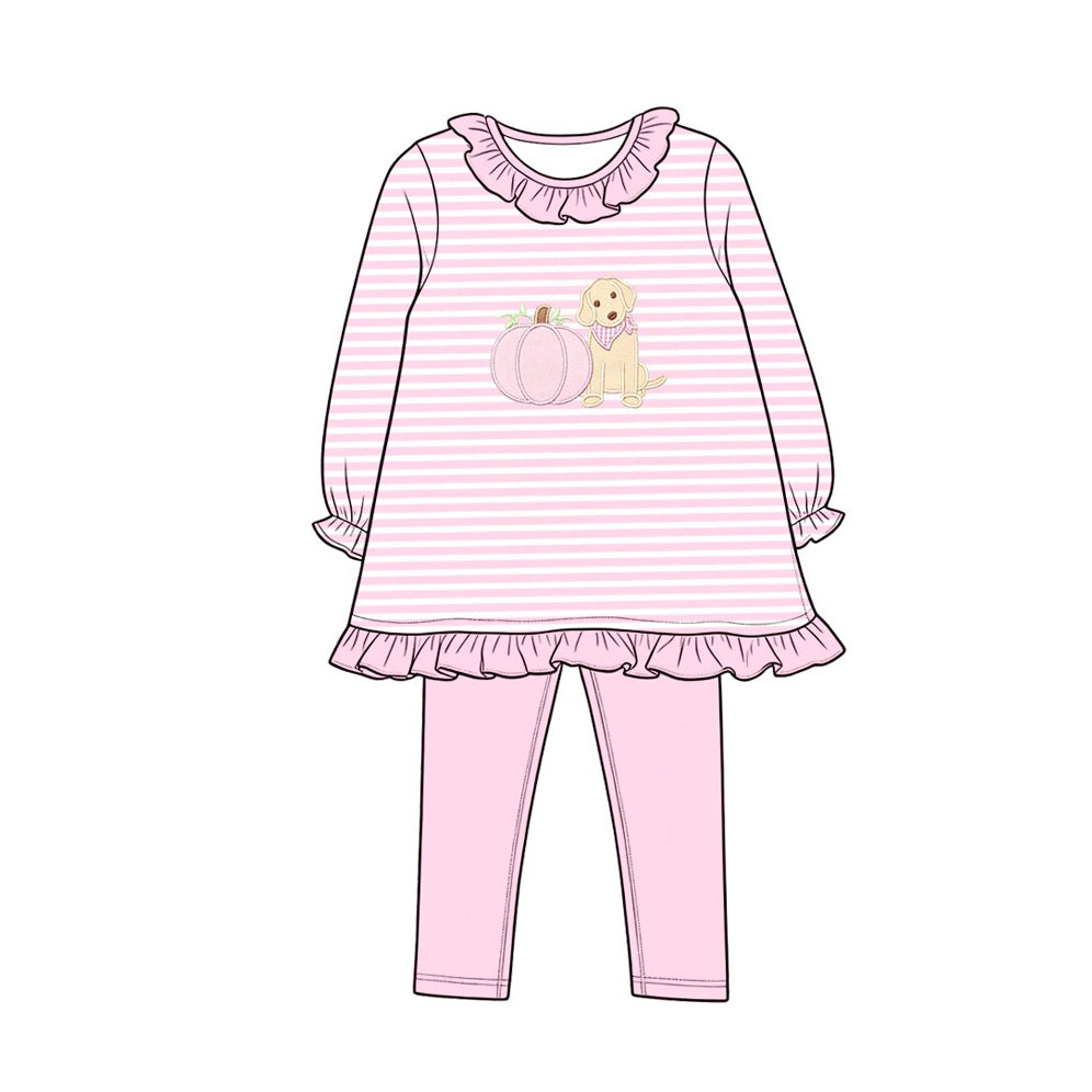 7.6 Preorder KIds Girls Pink Pumkin Dog Striped Long Sleeve with Leggings Outfit
