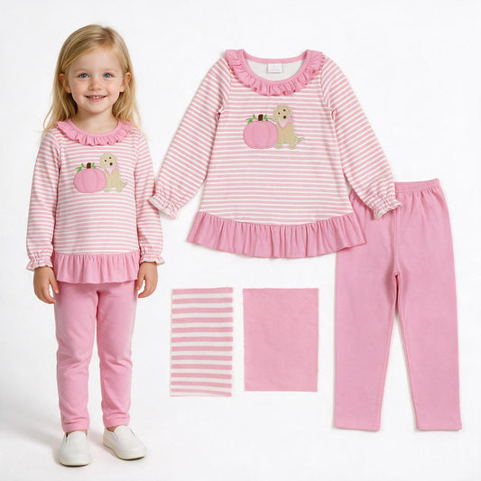 GLP3480 Pumpkin Dog Embroidery Stripes Ruffle Top Pink Legging Pants Girls Fall Clothes Set