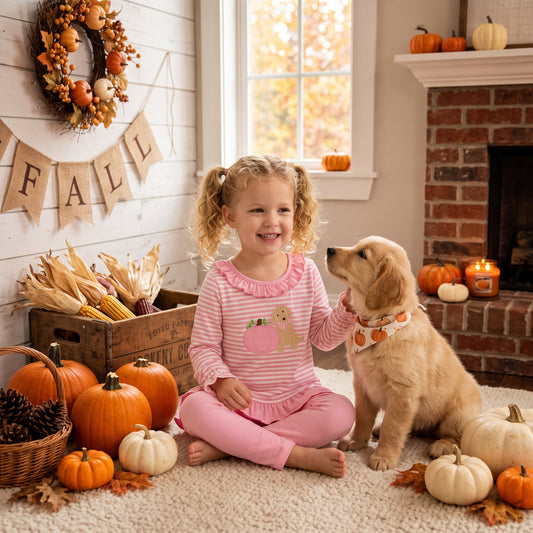 GLP3480 Pumpkin Dog Embroidery Stripes Ruffle Top Pink Legging Pants Girls Fall Clothes Set