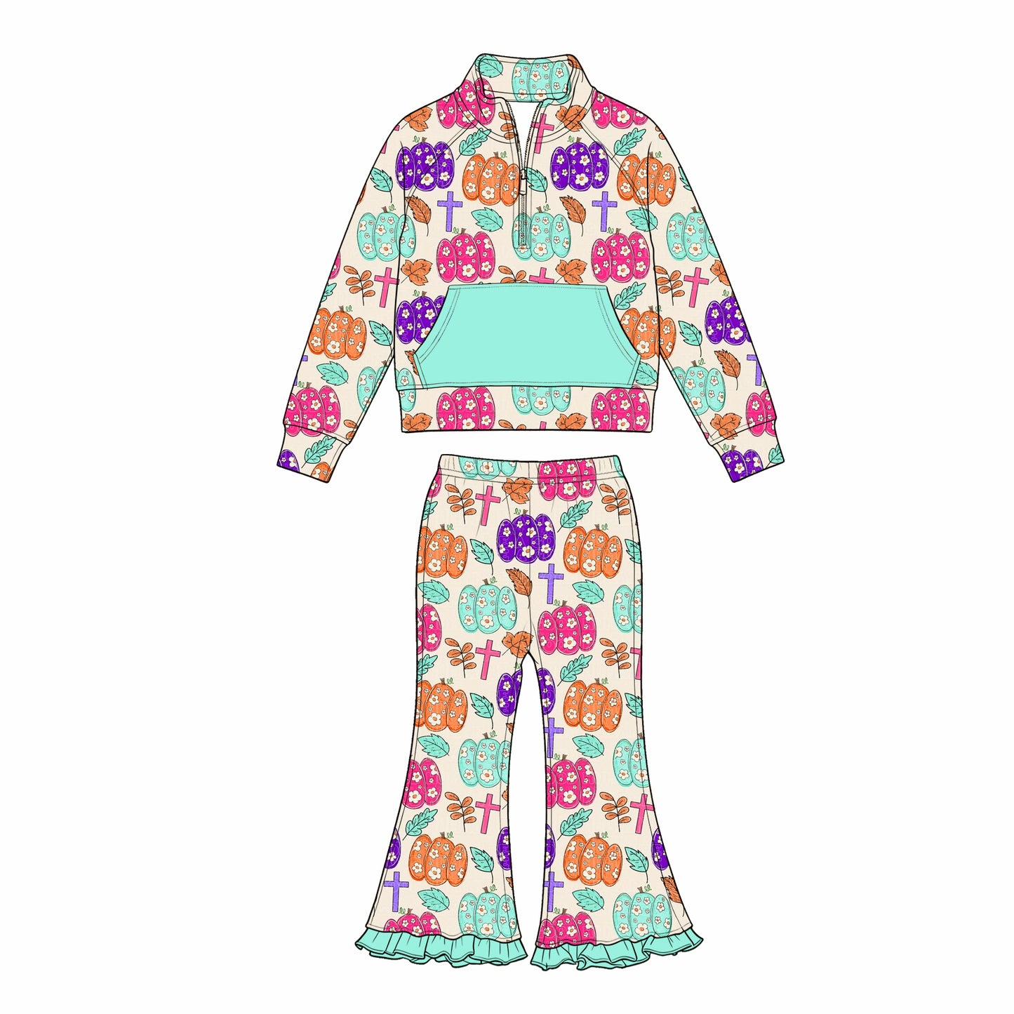 Sibling Baby Girls Sibling Zipper Pullover Top with bell Bottom Pants Outfit