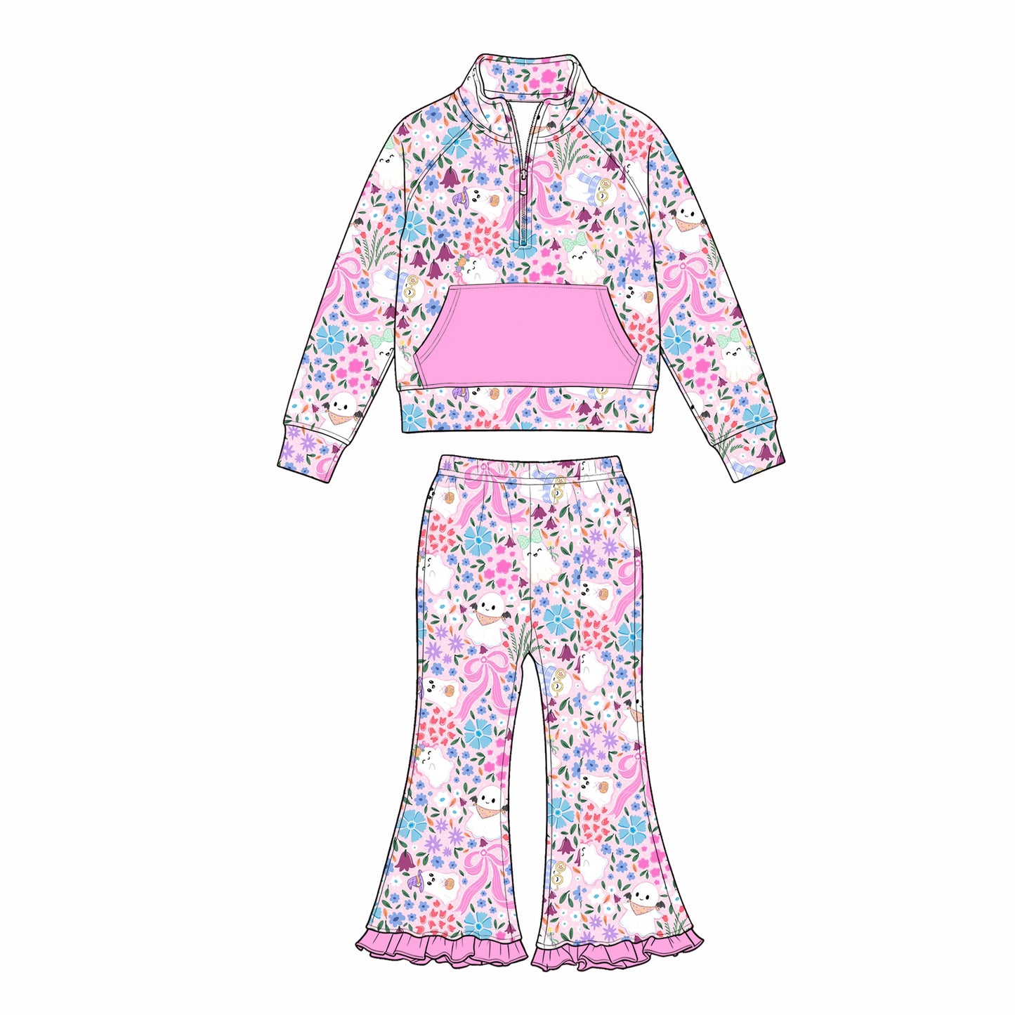 Sibling Baby Girls Sibling Zipper Pullover Top with bell Bottom Pants Outfit