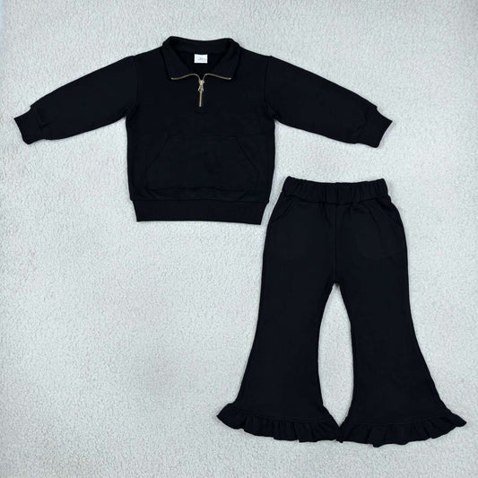 GLP3489 Black Cotton Pullover Sweatshirt Top Bell Pants Girls Fall Clothes Set