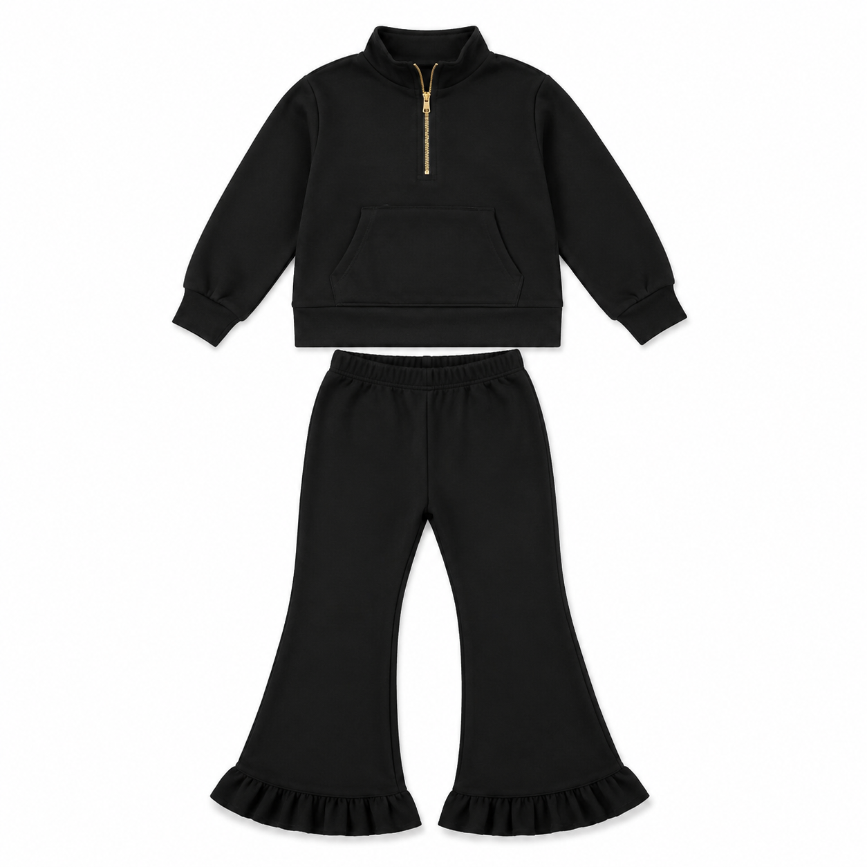 7.14 GLP3489 Preorder Black Long Sleeve Pullover Sweatshirt with Bell Bottom Pants Outfit