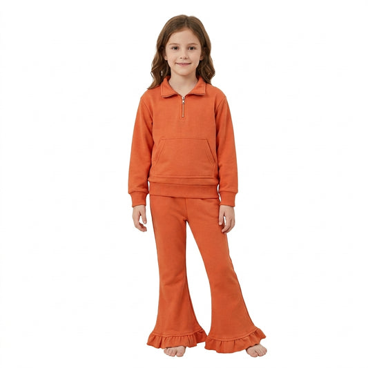 GLP3490 Orange Cotton Pullover Sweatshirt Top Bell Pants Girls Fall Clothes Set