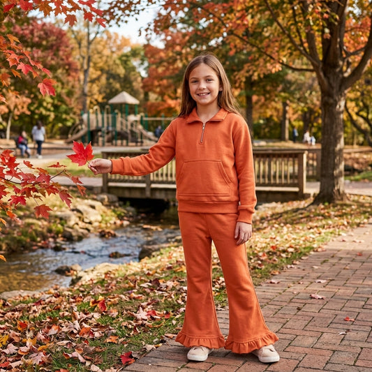 GLP3490 Orange Cotton Pullover Sweatshirt Top Bell Pants Girls Fall Clothes Set