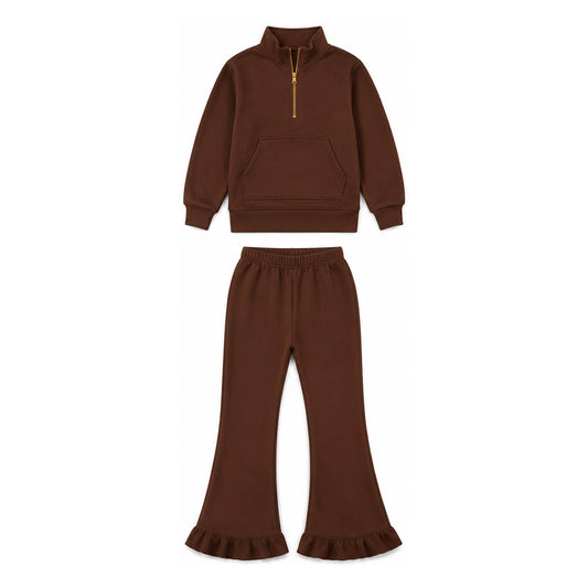 7.14 GLP3491 Preorder Brown Long Sleeve Pullover Sweatshirt with Bell Bottom Pants Outfit