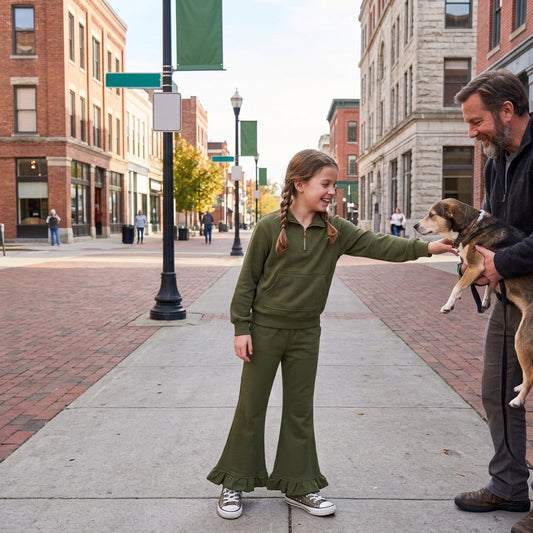 GLP3492 Olive Green Cotton Pullover Sweatshirt Top Bell Pants Girls Fall Clothes Set