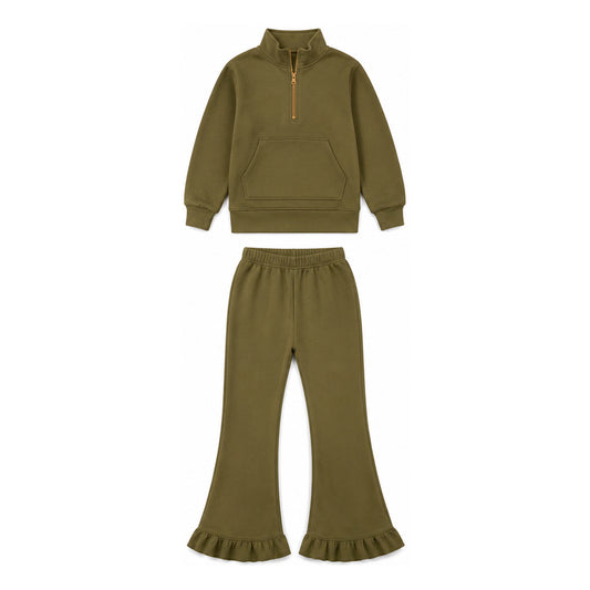7.14 GLP3492 Preorder Olive Long Sleeve Pullover Sweatshirt with Bell Bottom Pants Outfit