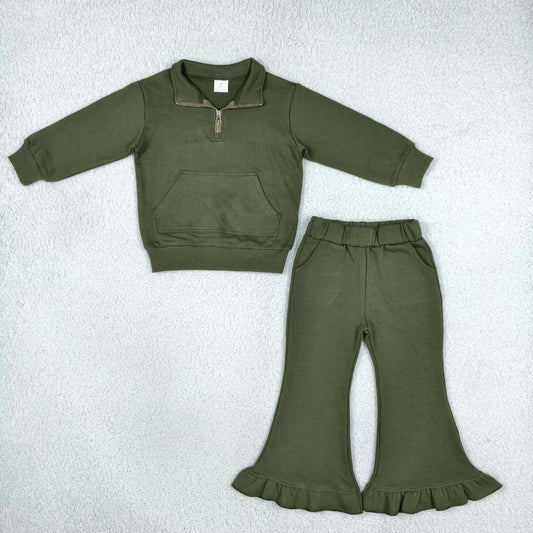 GLP3492 Olive Green Cotton Pullover Sweatshirt Top Bell Pants Girls Fall Clothes Set