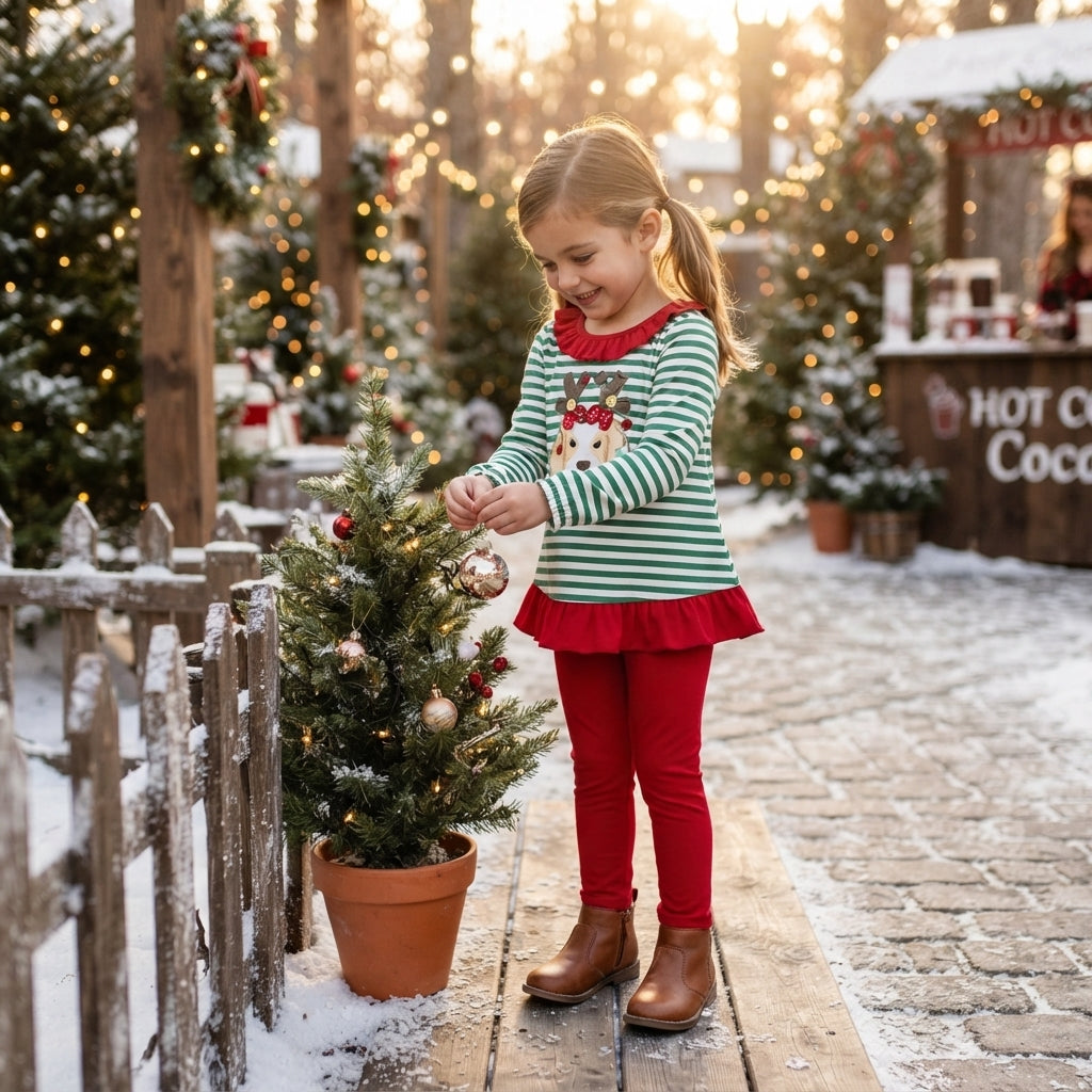 GLP3494 Dog Embroidery Green Stripes Top Red Legging Pants Girls Christmas Clothes Set