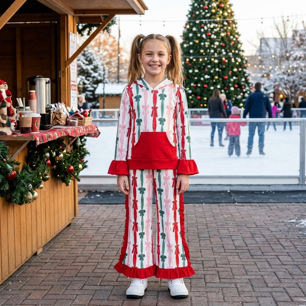 Bows Stripes Hoodie Top Ruffle Pants Girls Christmas Clothes Set