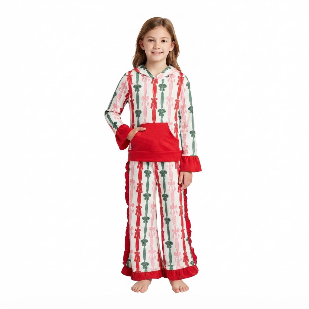 Bows Stripes Hoodie Top Ruffle Pants Girls Christmas Clothes Set