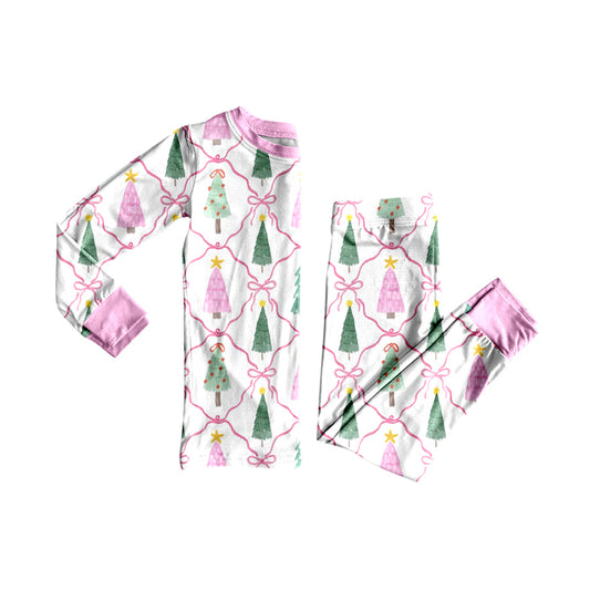 7.15 GLP3499 Preorder Tree Bows Girls Christmas Pajamas Clothes Set