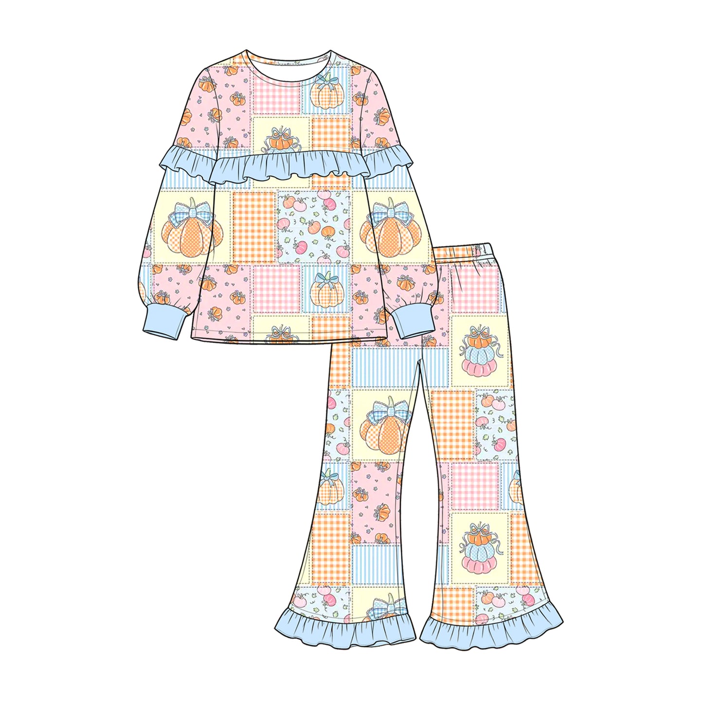 7.16 GLP3503 Preorder Pumpkin Bows Ruflle Top Bell Pants Girls Fall Clothes Set