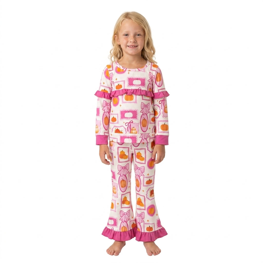 GLP3504 Pumpkin Bows Pink Ruffle Top Bell Pants Girls Fall Clothes Set