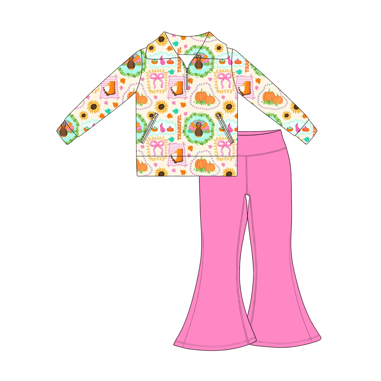 7.17  Preorder Kids Girls Thanksgiving Turkey Pullover Top with Pink Bell Bottom Pants Outfit