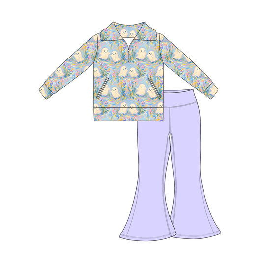 7.17  Preorder Kids Halloween Ghost Pullover Top with Violet Bell Bottom Pants Outfit