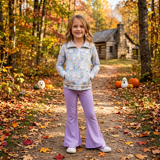 GLP3506 Ghost Flowers Pullover Top Violet Bell Pants Girls Halloween Clothes Set