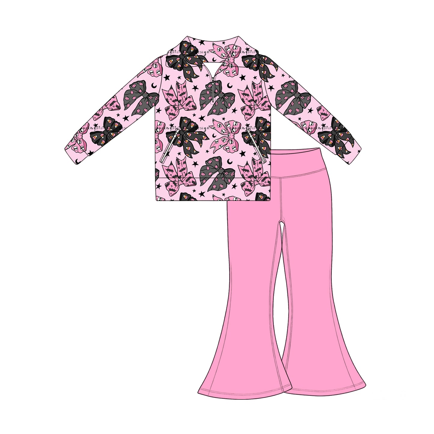 7.17  Preorder Kids Halloween  Bow Pullover Top with Pink Bell Bottom Pants Outfit