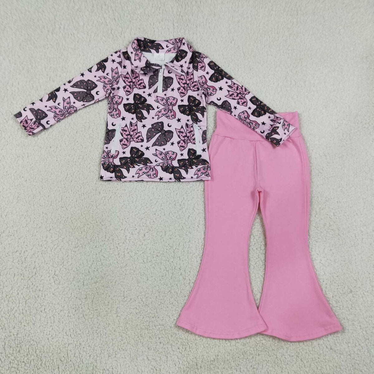GLP3507 Bows Stars Zipper Pullover Top Pink Bell Pants Girls Halloween Clothes Set