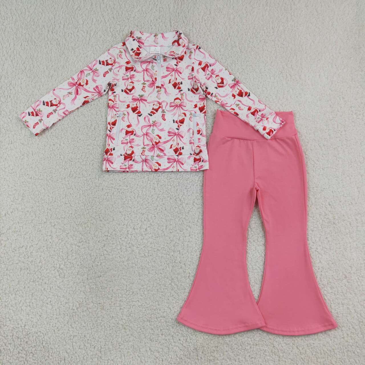 GLP3508 Santa Bows Zipper Pullover Top Pink Bell Pants Girls Christmas Clothes Set