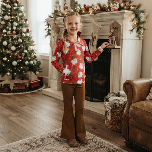 GLP3509 Santa Holly Cowboy Pullover Top Brown Bell Pants Girls Christmas Clothes Set