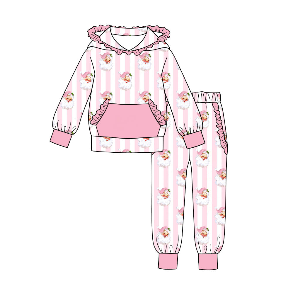 7.18 Preorder Girls  Christmas Santa Long Sleeve Ruffle  Hooded Sweatshirt Pants Outfit