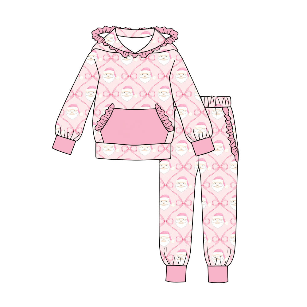 7.18 Preorder Girls  Christmas Santa Bow Long Sleeve Ruffle  Hooded  Pants Outfit