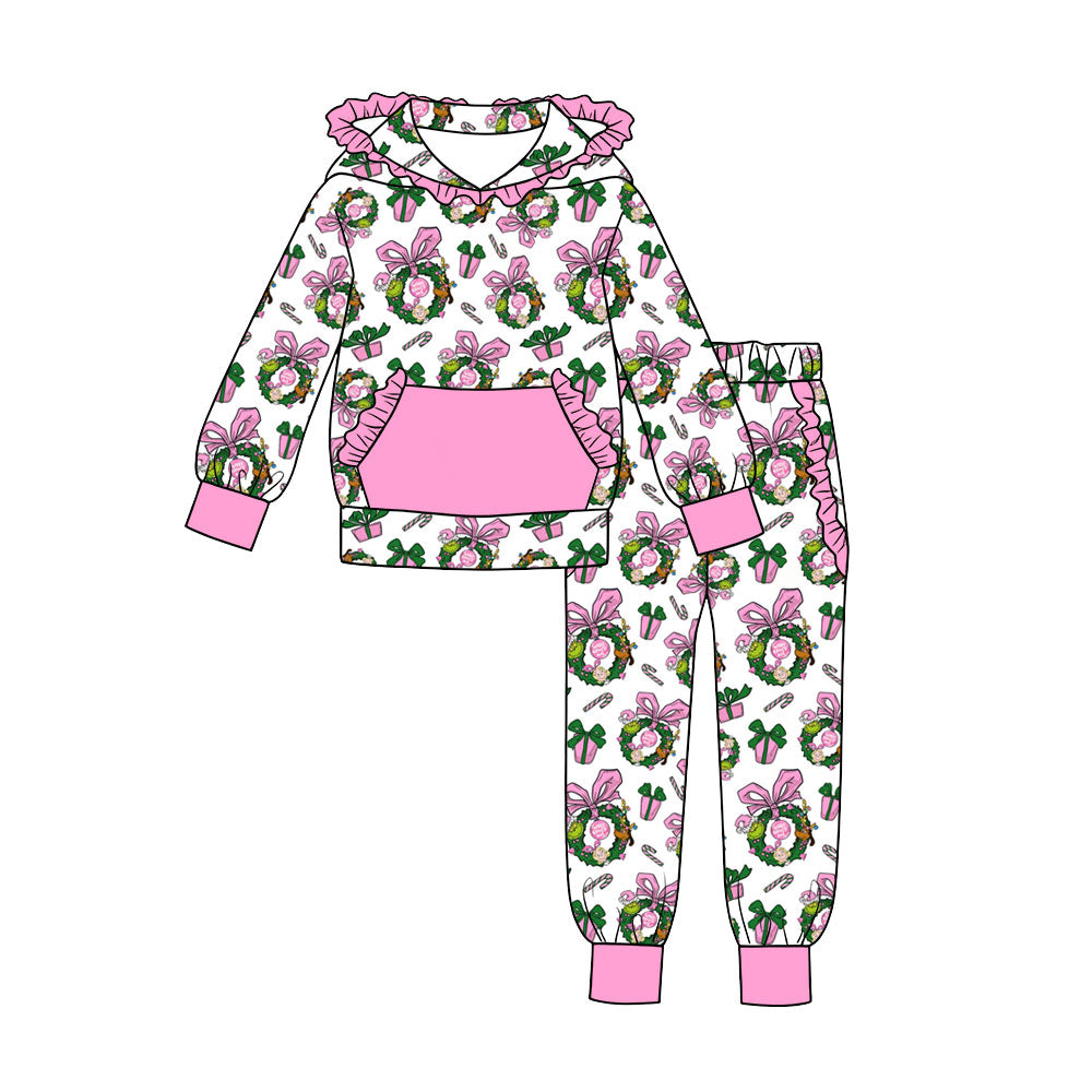 7.18 Preorder Girls  Christmas Gift Box Long Sleeve Ruffle  Hooded  Pants Outfit