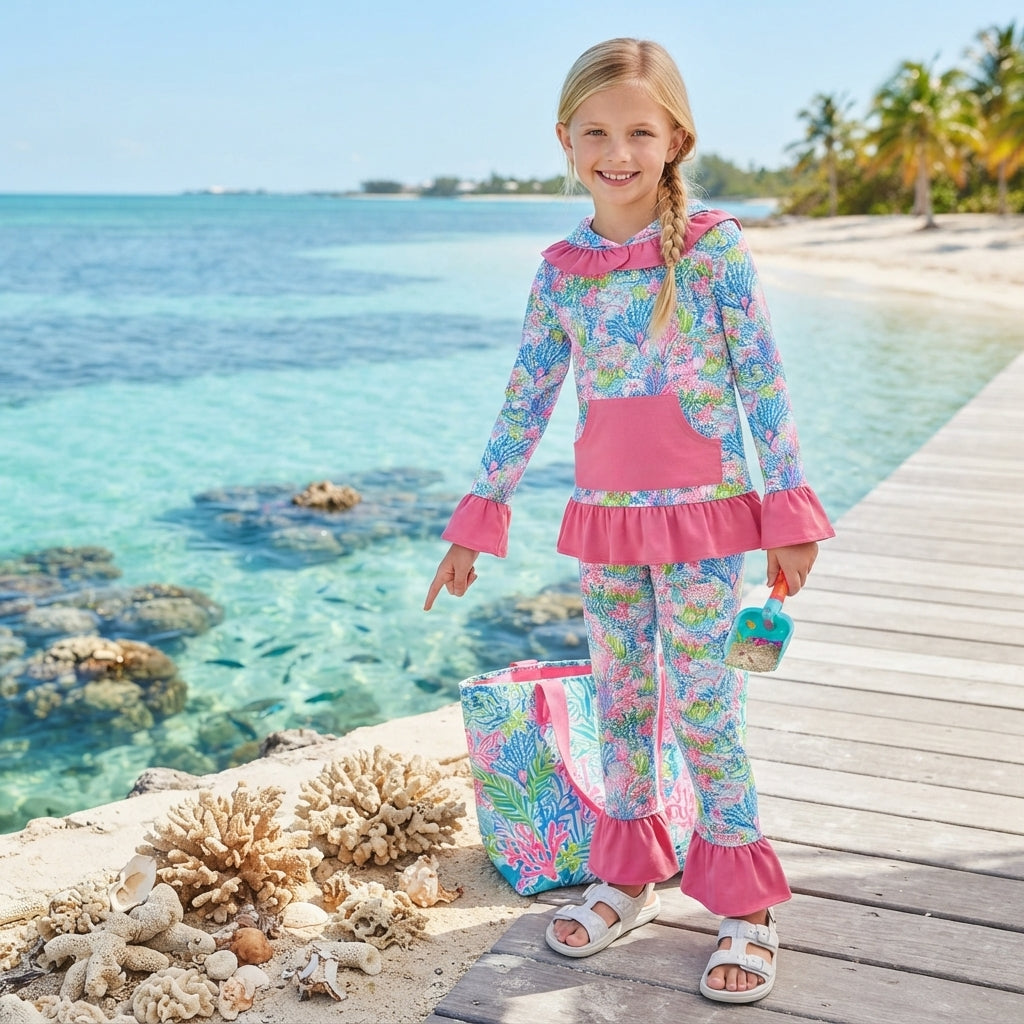 GLP3518 Seaweed Hot Pink Hoodie Top Ruffle Pants Girls Fall Clothes Set